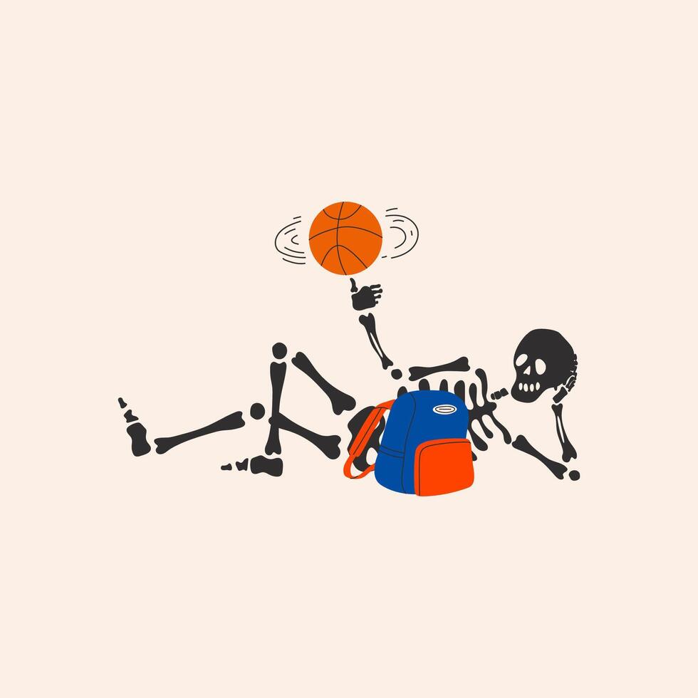 Back to school. Funny Skeleton ready for school with school stationery. Cute character Skeleton Bones vector