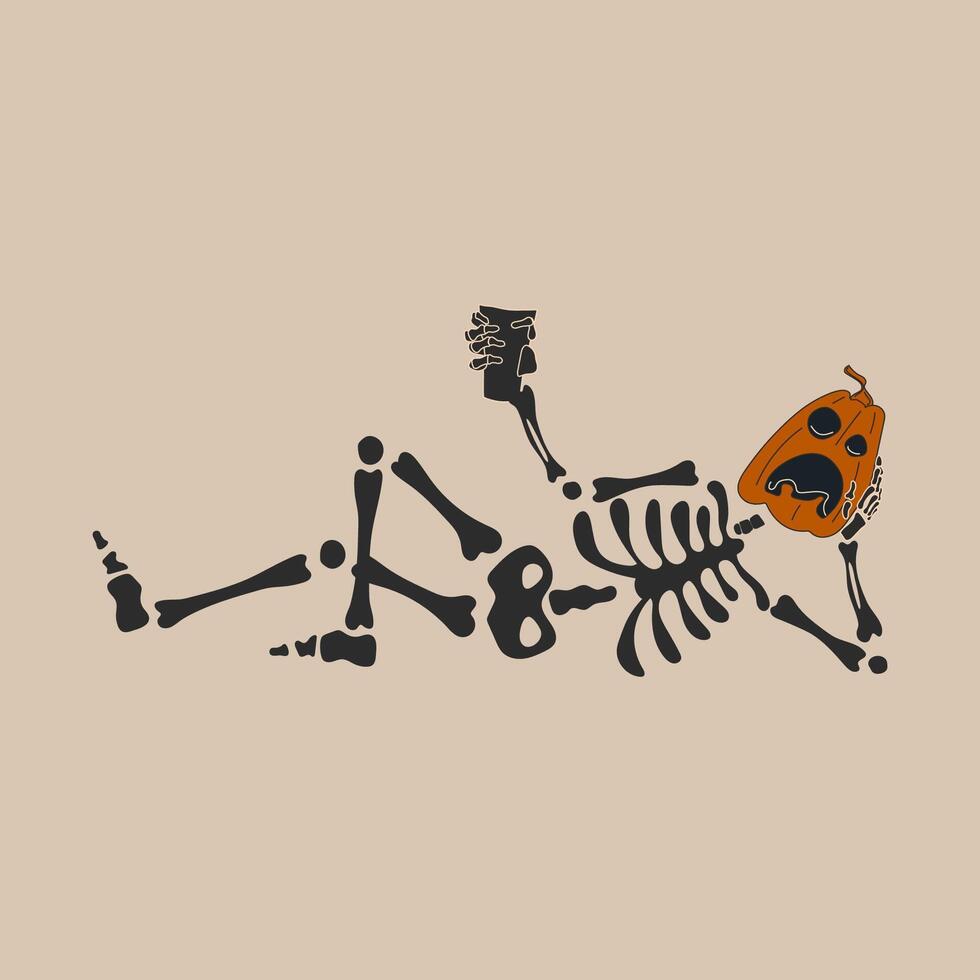 Funny Skeleton with a pumpkin head. Cute character Skeleton Bones vector