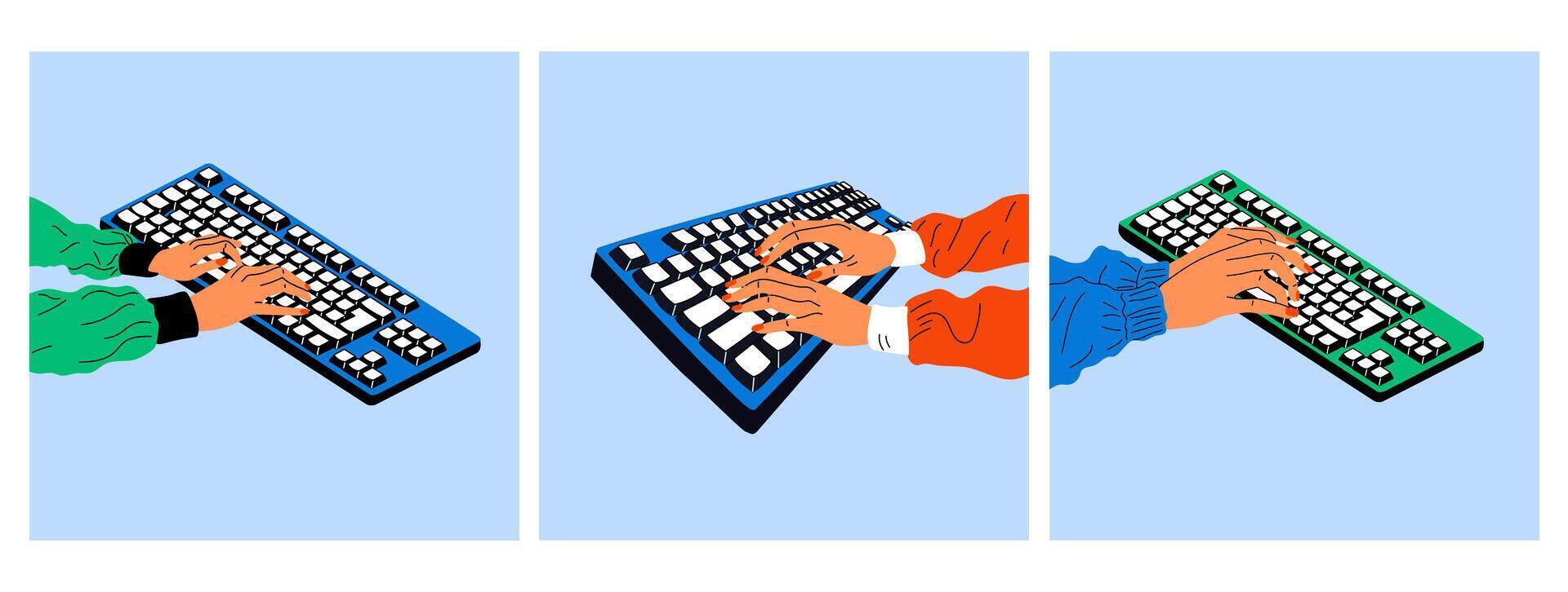Set of three Female hands working on keyboard. Working, studying, work from home concept. vector