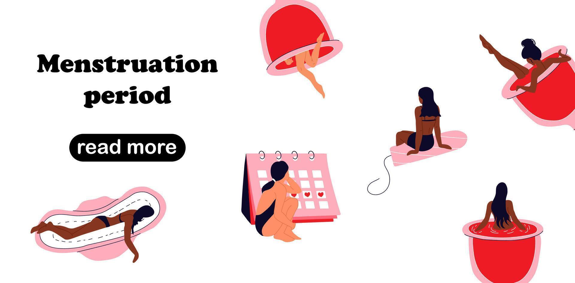 Web page design template for menstrual period, menstruation, premenstrual syndrome, PMS, female reproductive system vector