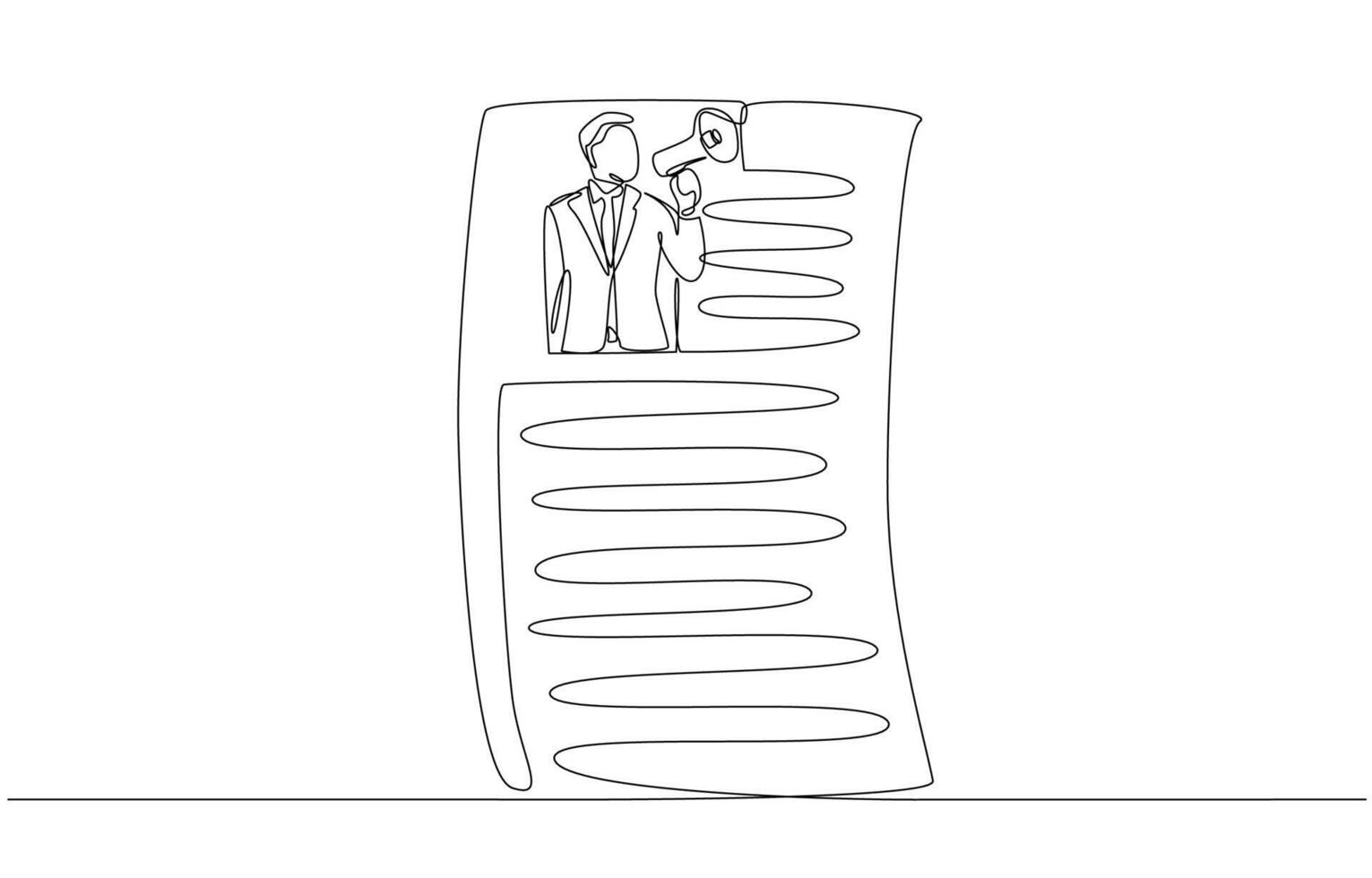 Continuous one line drawing of job applicant speaking through megaphone inside resume paper, job application concept, single line art. vector