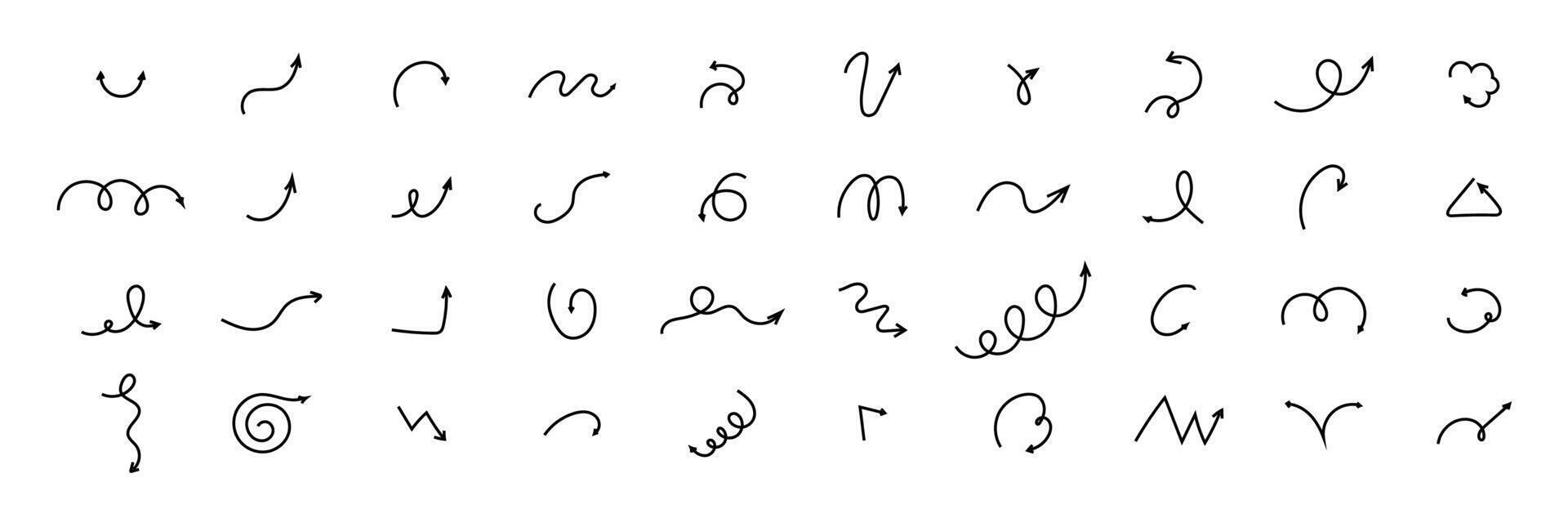 Spiral arrow doodle, wavy twist minimal squiggly line set. Curve comic turn way direction. Playful quirky simple free hand elements. vector