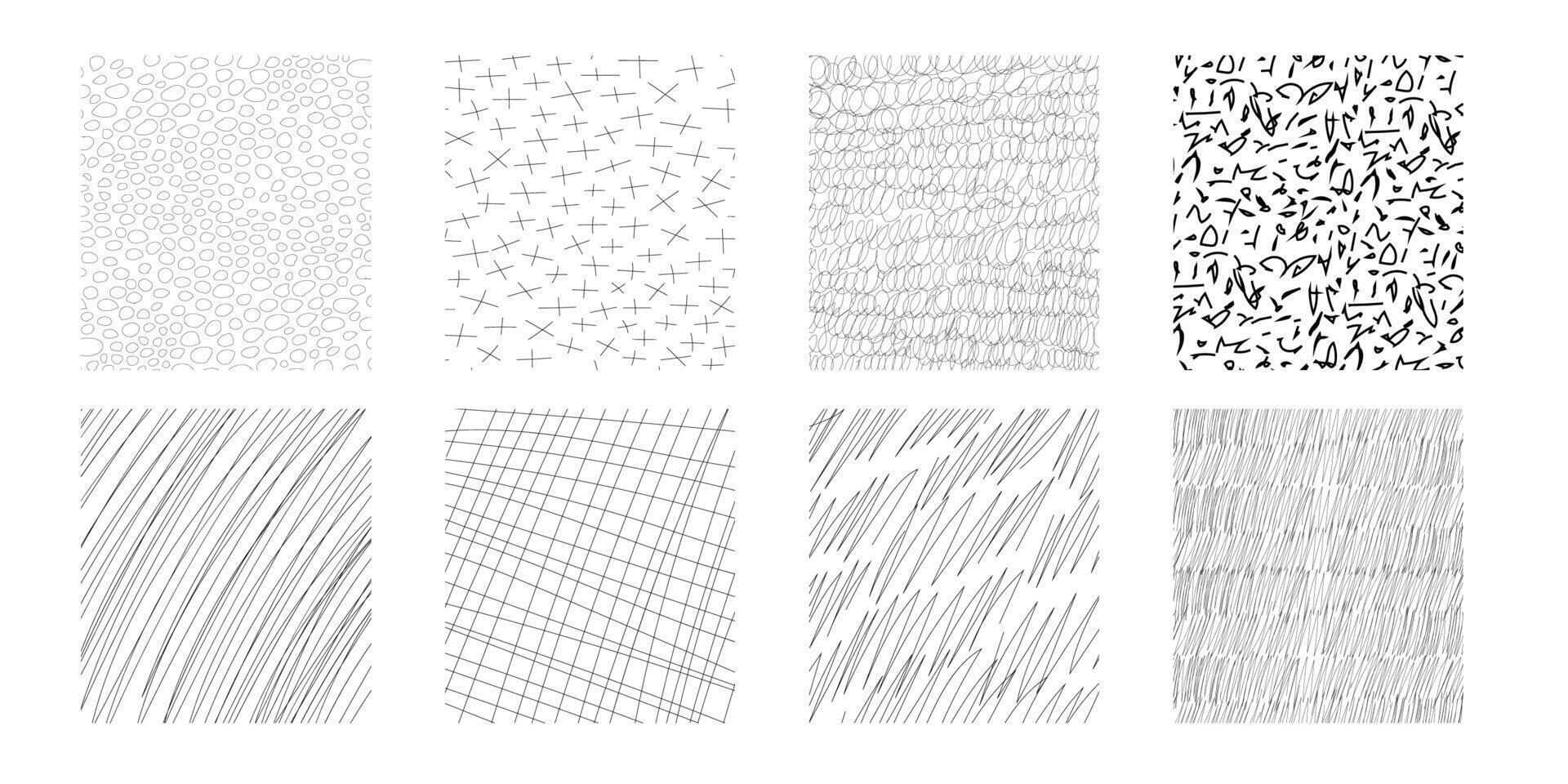 Textures set, collection hand drawn abstract monochrome brush marks. Doodle shapes spots, drops, curves and lines. Contemporary modern trendy vector