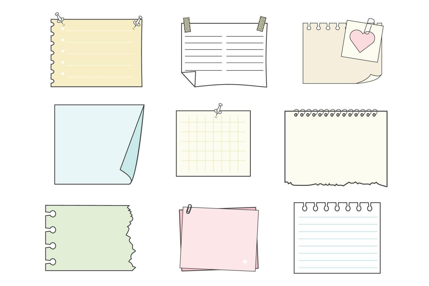 Memo sticky notes, sheet reminder, color office or school pages with tape, marks, pin, paperclip frames doodle style. Notebook bullet dairy list, funny retro drawing. vector