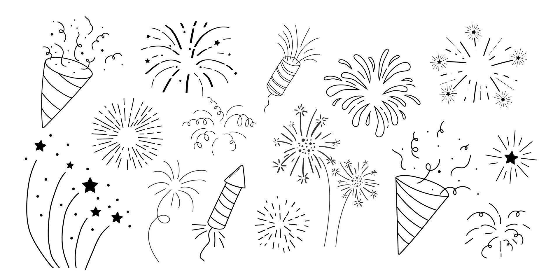 Fireworks and rocket, salute with burst, light and festive explosions in doodle style. Hand drawn sparks, firecracker on white background. Party, celebrations, event. vector