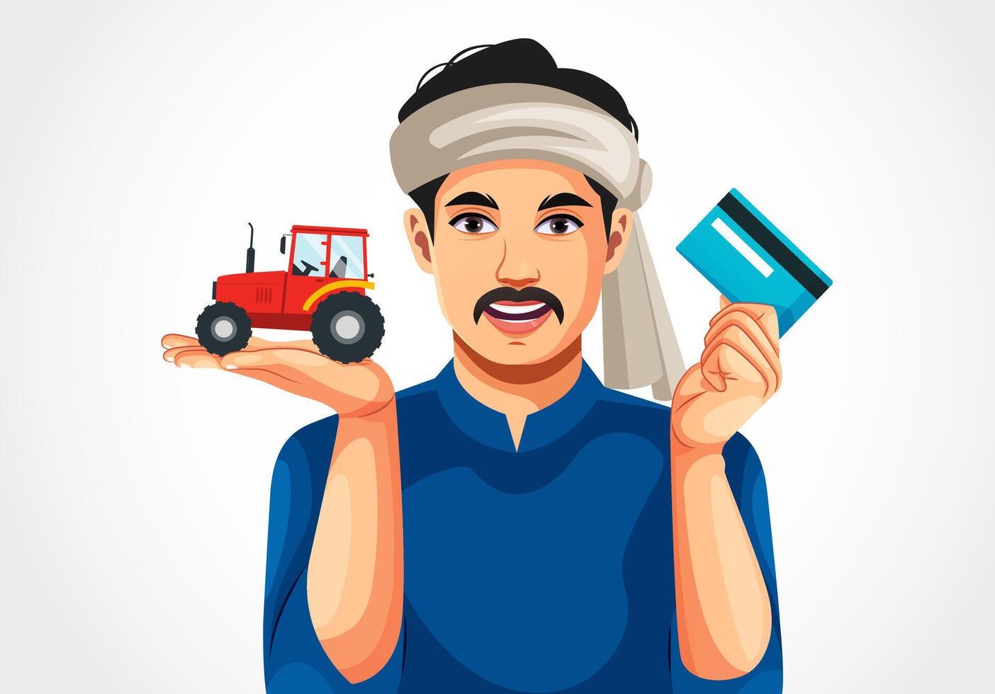 Young Indian farmer posing with debit or credit card and a toy tractor on white background vector