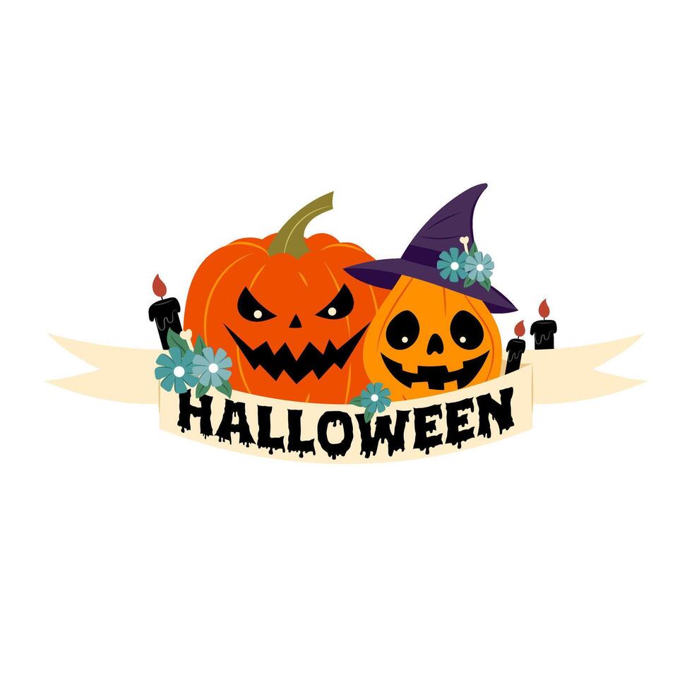 Halloween. Festive composition with pumpkins and paper ribbon with lettering. Holiday lettering. Cartoon Halloween banner. Illustration in flat style on a white background. vector