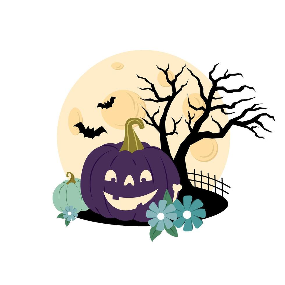 Funny purple pumpkin on the background of the moon and tree silhouette. Halloween. Holiday sticker, illustration for a card, invitation or other design. Cartoon pumpkin. vector