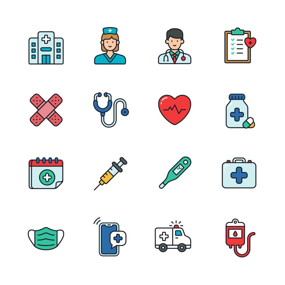 Medical and healthcare icon set in outline color style vector