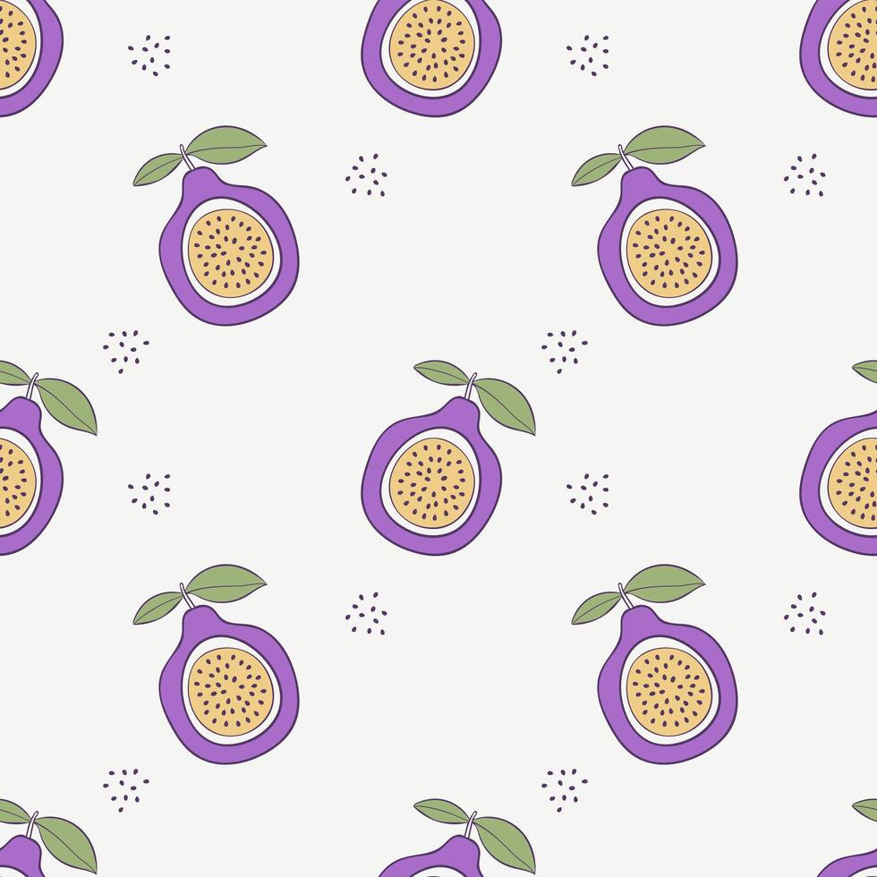 Passion fruit cut pattern, with leaves, stylized contour drawing. vector