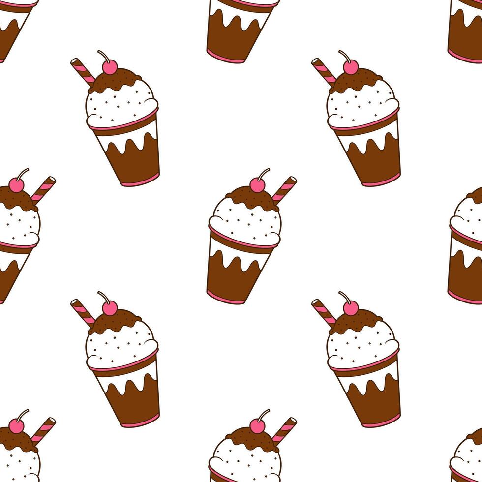 Ice cream sundae with chocolate icing in cup, seamless summer pattern on white background. vector