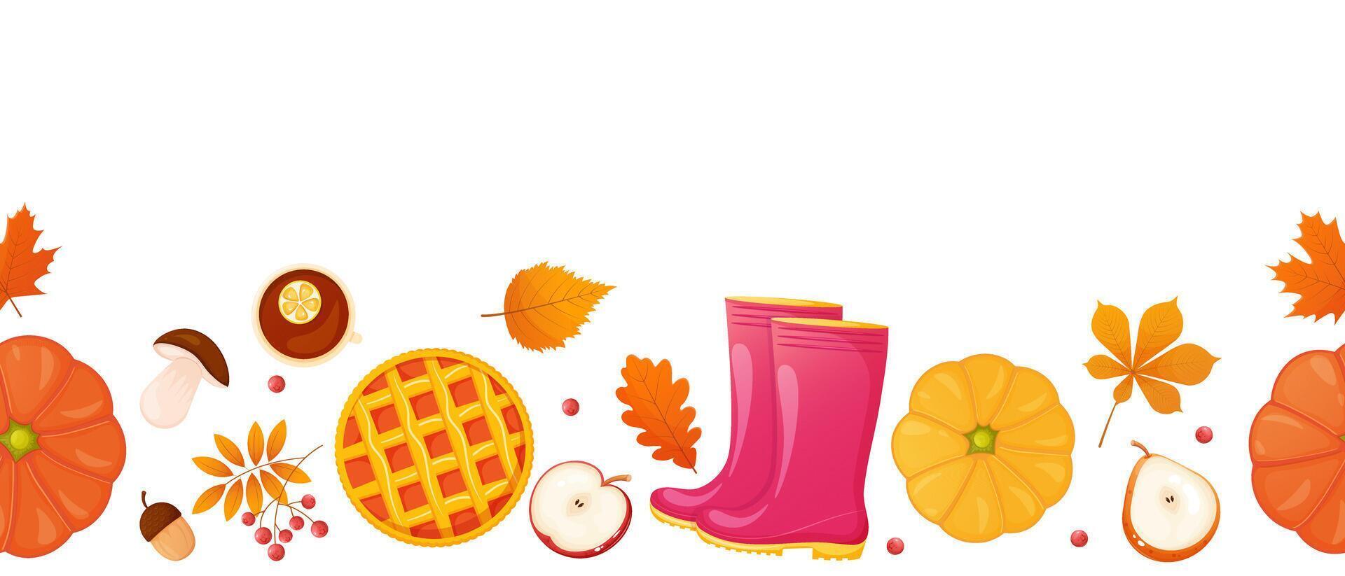 Autumn seamless border with pumpkin, leaves, pie, rubber boots. Fall season elements background. vector