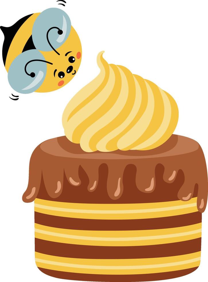 Cute bee with tasty honey cake vector