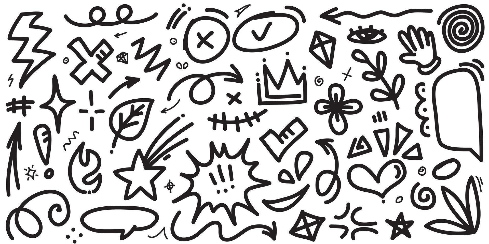 Doodle set of hand-drawn cartoony expression sign doodle, curve directional arrows, emoticon effects design elements, cartoon character emotion symbols, cute decorative brush stroke lines. vector