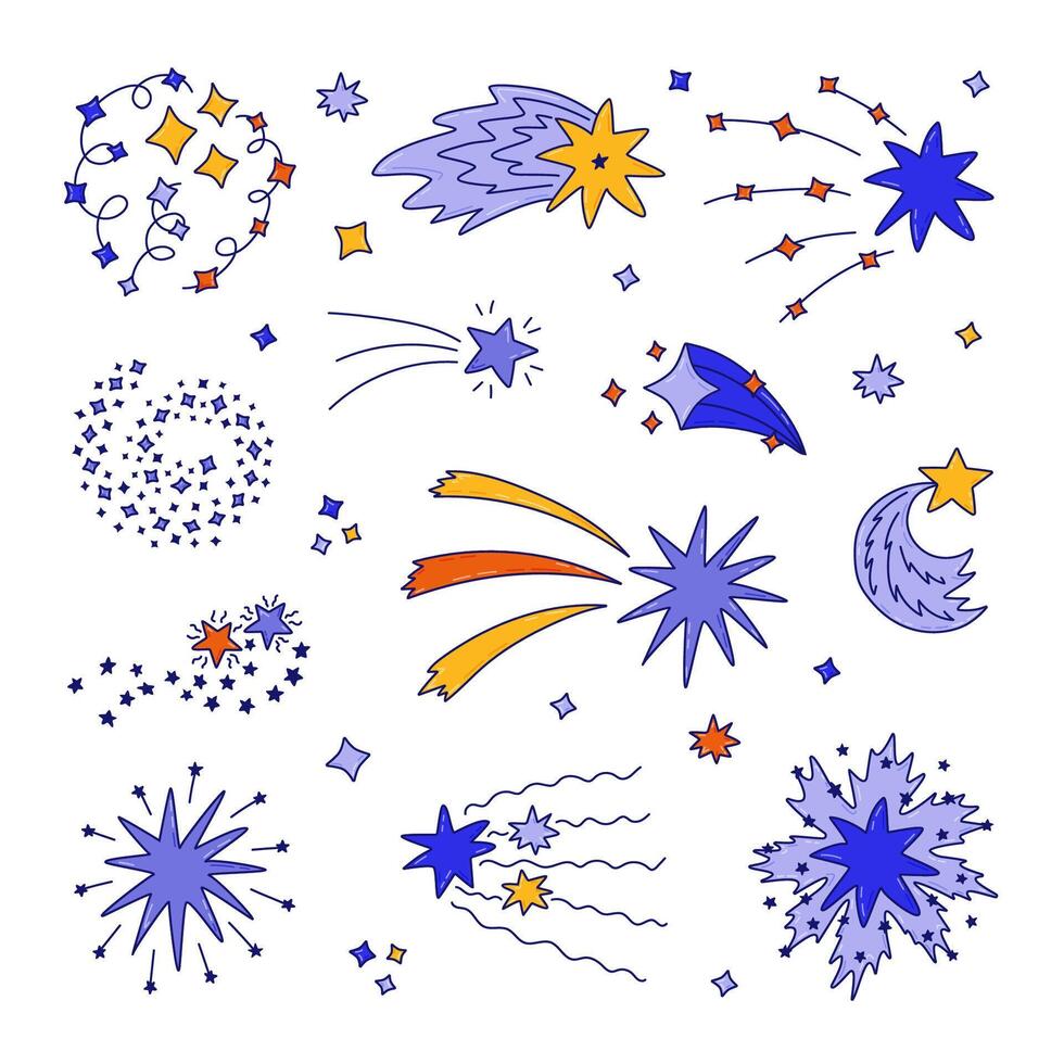 Big colorful cute set of star dust, spiral twinkle cloud, falling star with hand drawn doodle outline. Sparkling magical stardust, comet shower. Astrology, astronomy, universe, Christmas element. vector