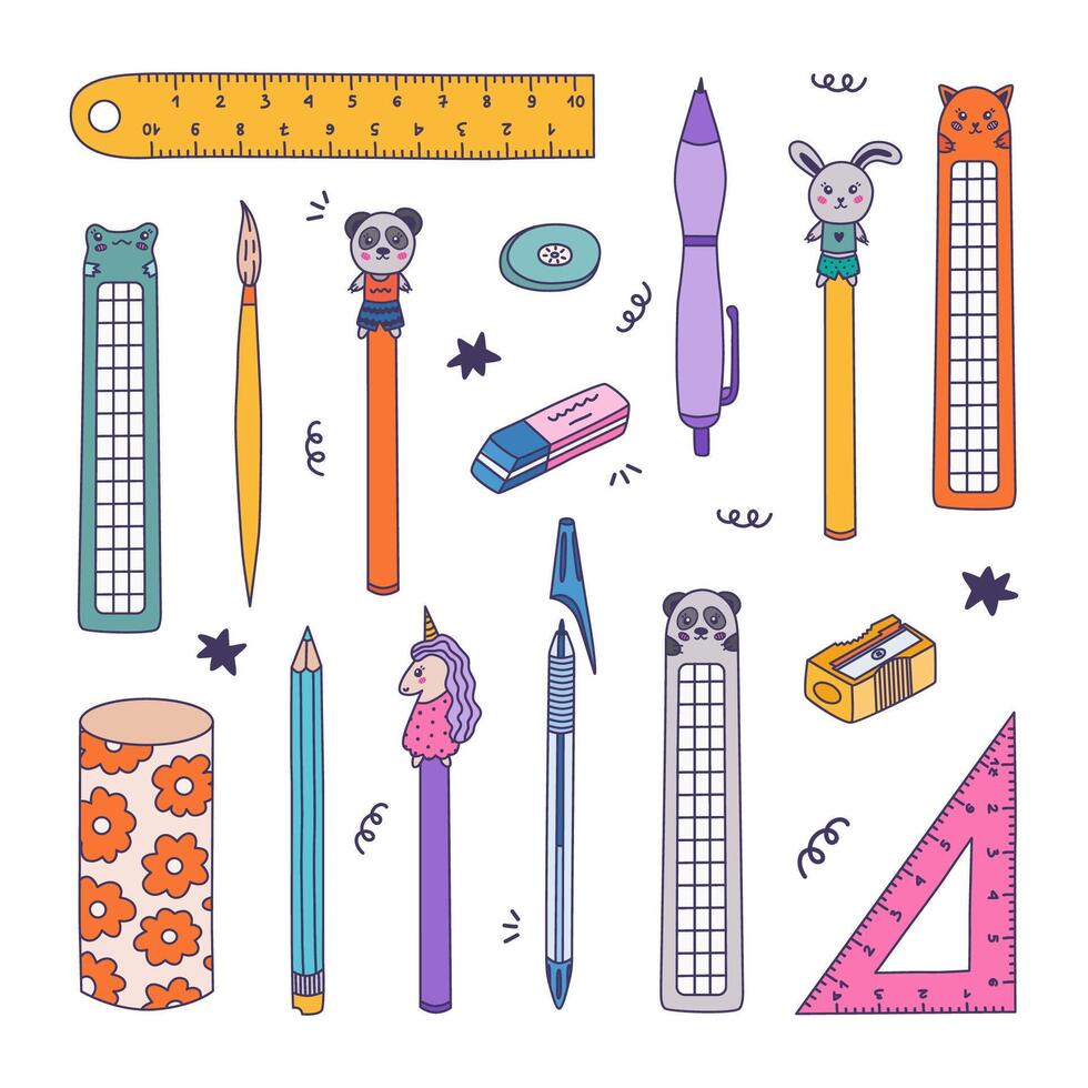 Cute colorful doodle set of back to school stationery with hand drawn outline. Collection of rulers, protractor, compass, erasers, sharpeners, pen, bookmarks. School supply for study, draw, work vector