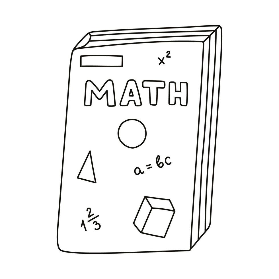 Doodle closed school textbook on math, algebra, geometry. Cute kids academic book, literature, encyclopedia. Back to school supply for study, reading, learning. Hand drawn illustration with outline. vector