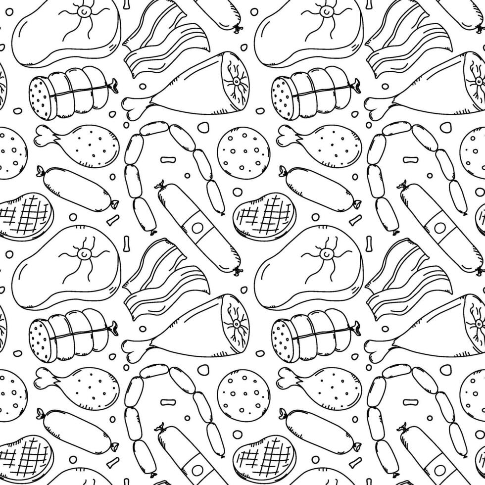 Seamless meat pattern. Doodle meat background. illustration with meat products icons vector