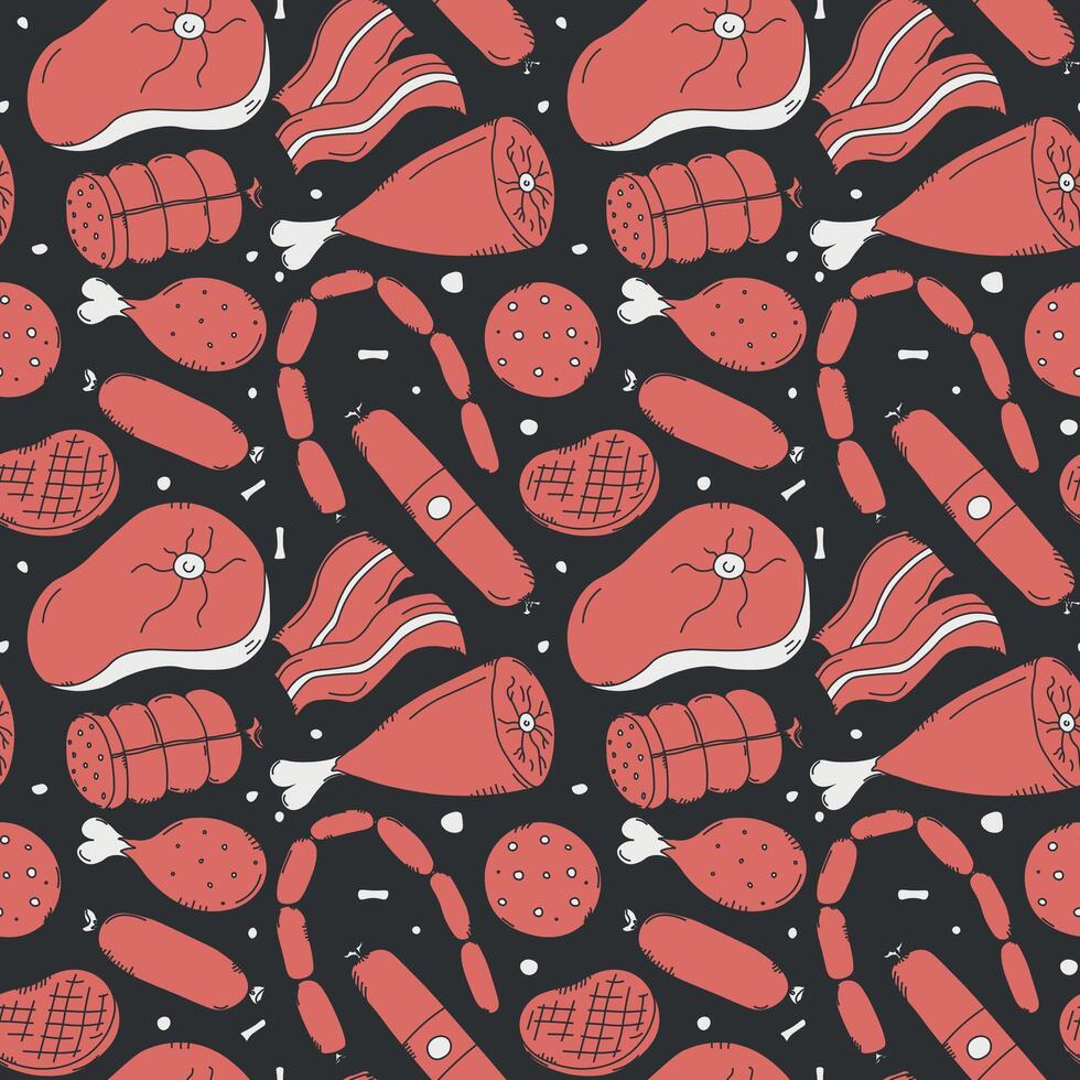 Seamless meat pattern. Doodle meat background. illustration with meat products icons vector