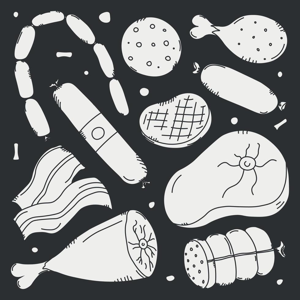 Doodle illustration with meat products icons. Hand drawn meat background vector