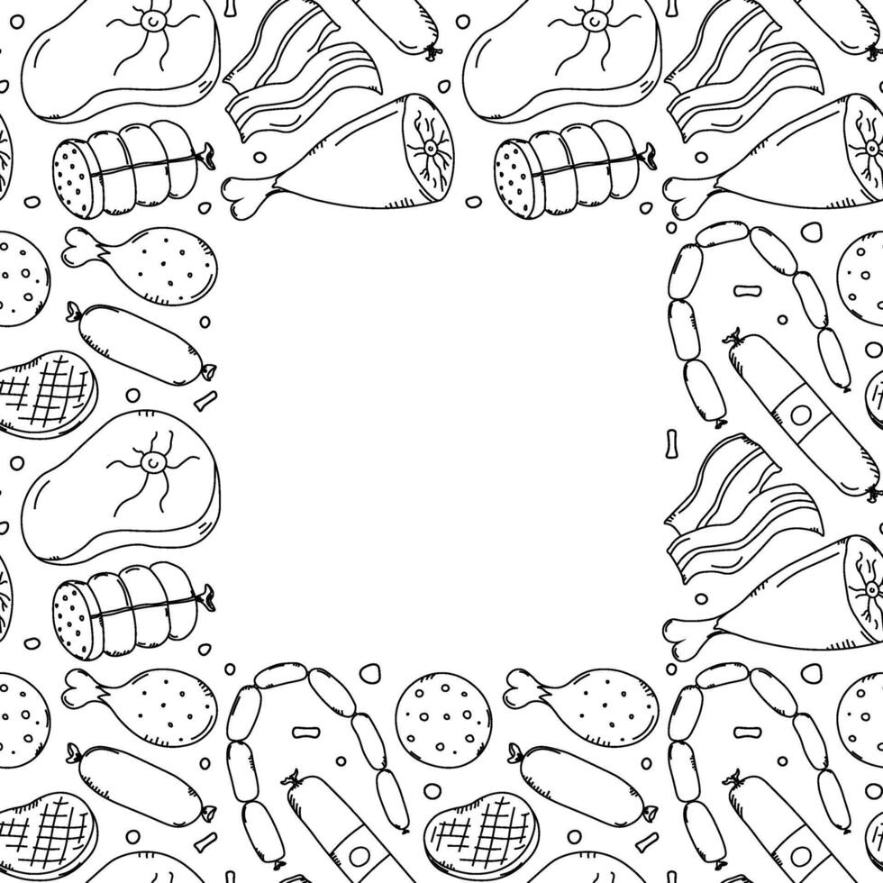 Meat frame. Doodle meat background. illustration with meat products icons vector