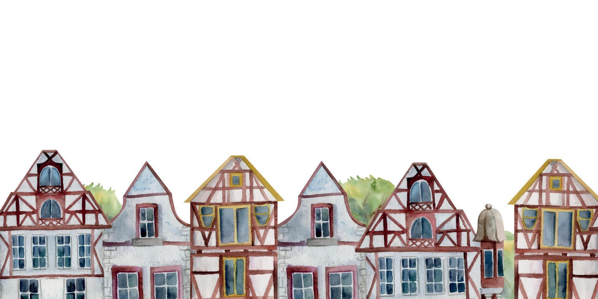 Old European city town street houses, urban exterior facades, trees. Historical cityscape building. Watercolor hand drawn seamless banner. For tourist shops, souvenirs, travel brochures, real estate vector