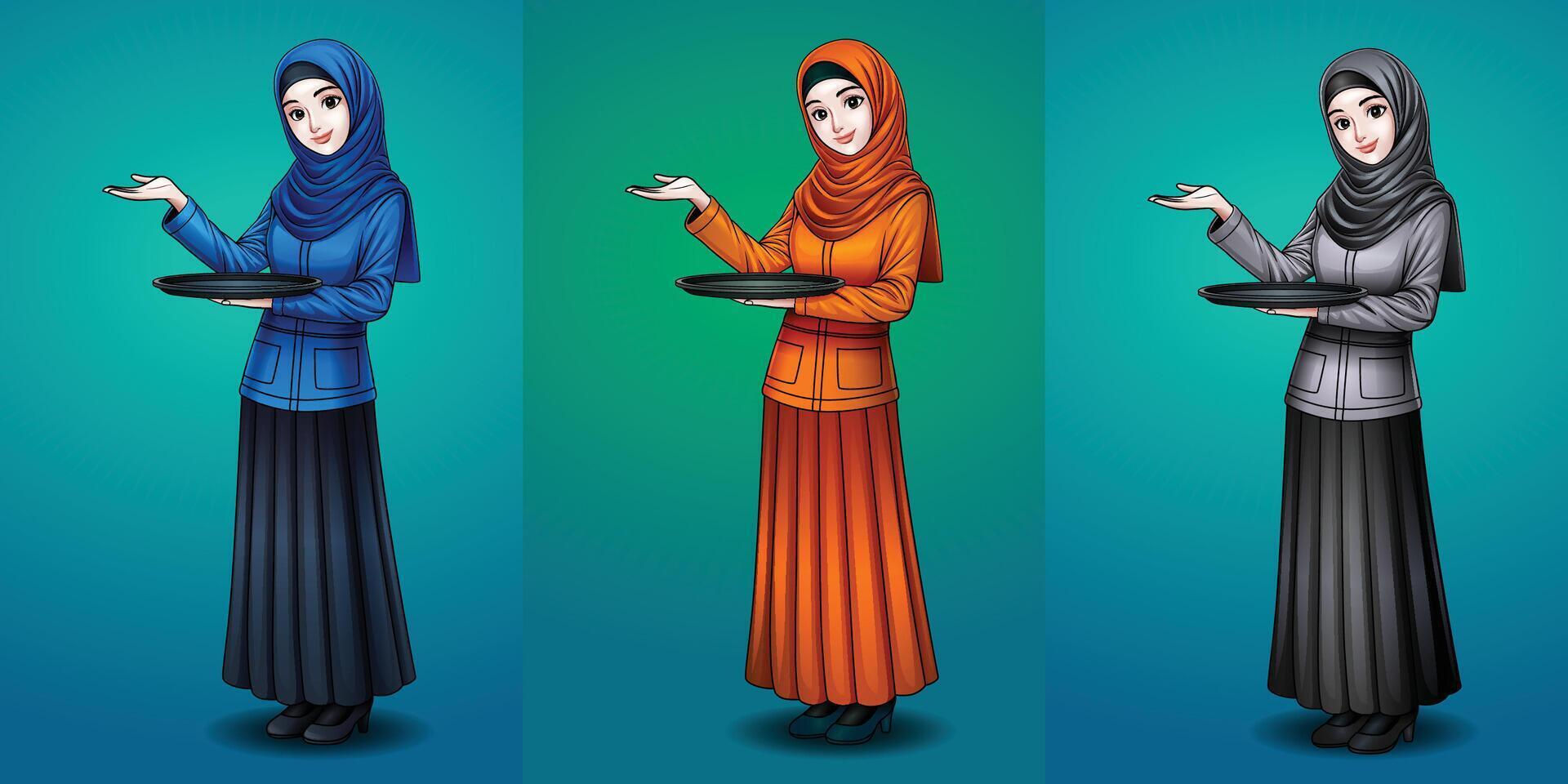 illustration of a Muslim woman character from a restaurant for post design vector