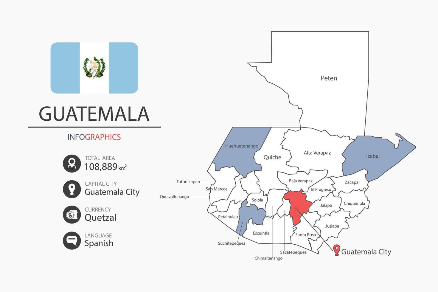 Guatemala map infographic elements with flag of city. Separate of heading is total areas, Currency, Language and the capital city in this country. vector