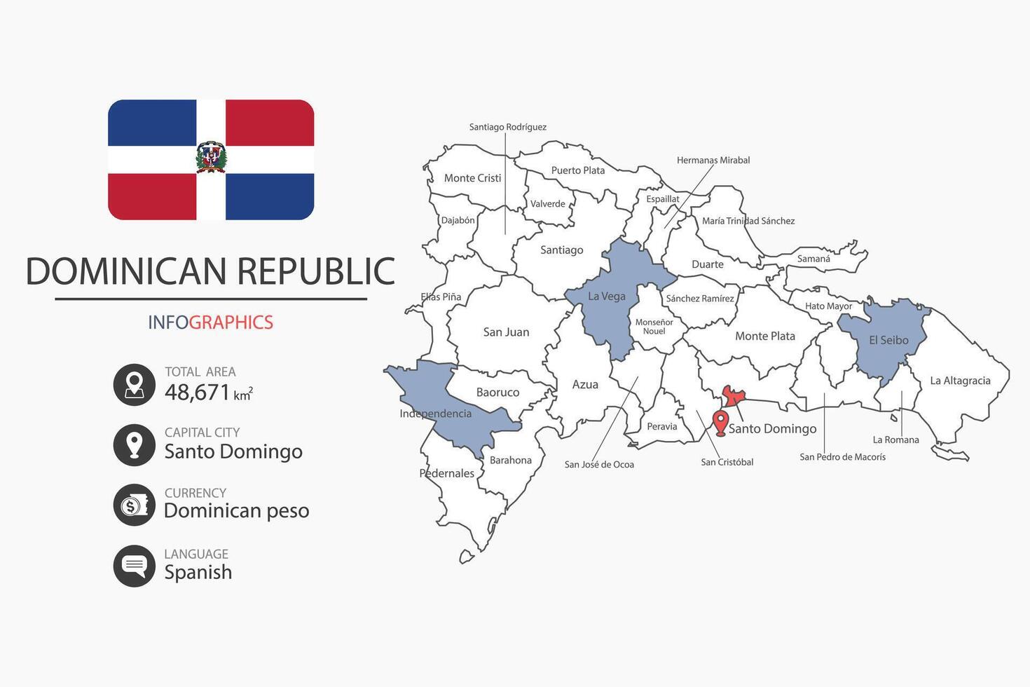Dominican Republic map infographic elements with flag of city. Separate of heading is total areas, Currency, Language and the capital city in this country. vector