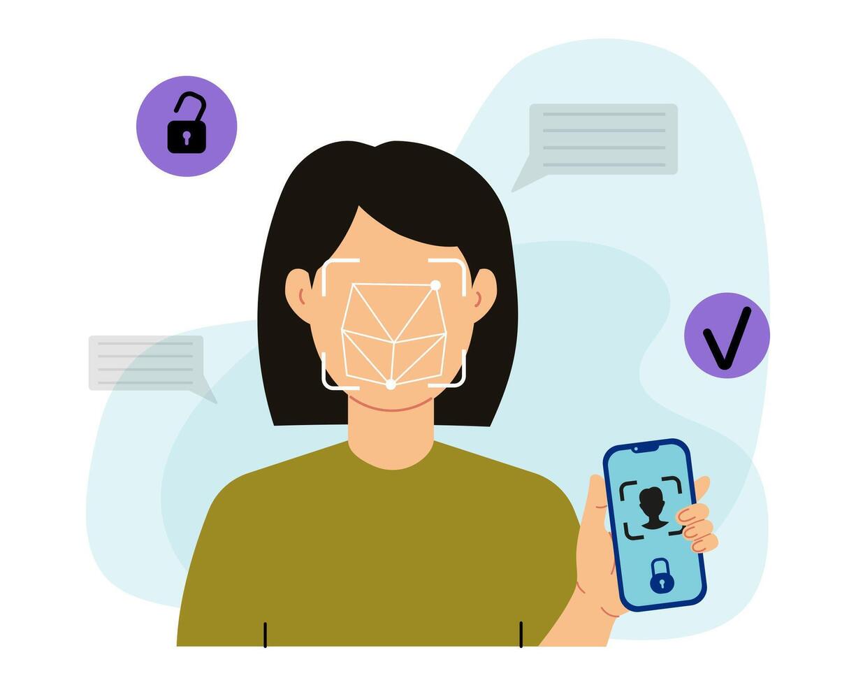 Woman Using Facial Recognition On Smartphone vector