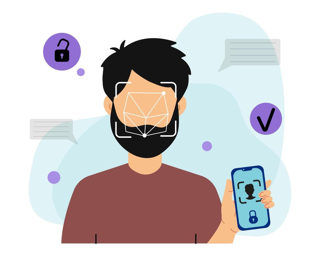 Man Using Facial Recognition on Smartphone vector