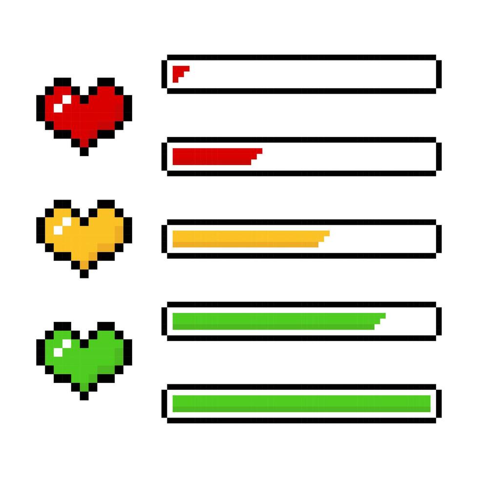 Pixel game charger battery life Bar, Life bar energy bar pixel art vector