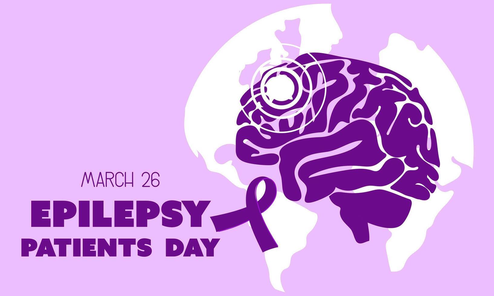 International Epilepsy Day banner for March 26. Brain is a flat silhouette in purple colors against the background of the earth with a ribbon on shades of purple. Brain problems, illness. Horizontal vector