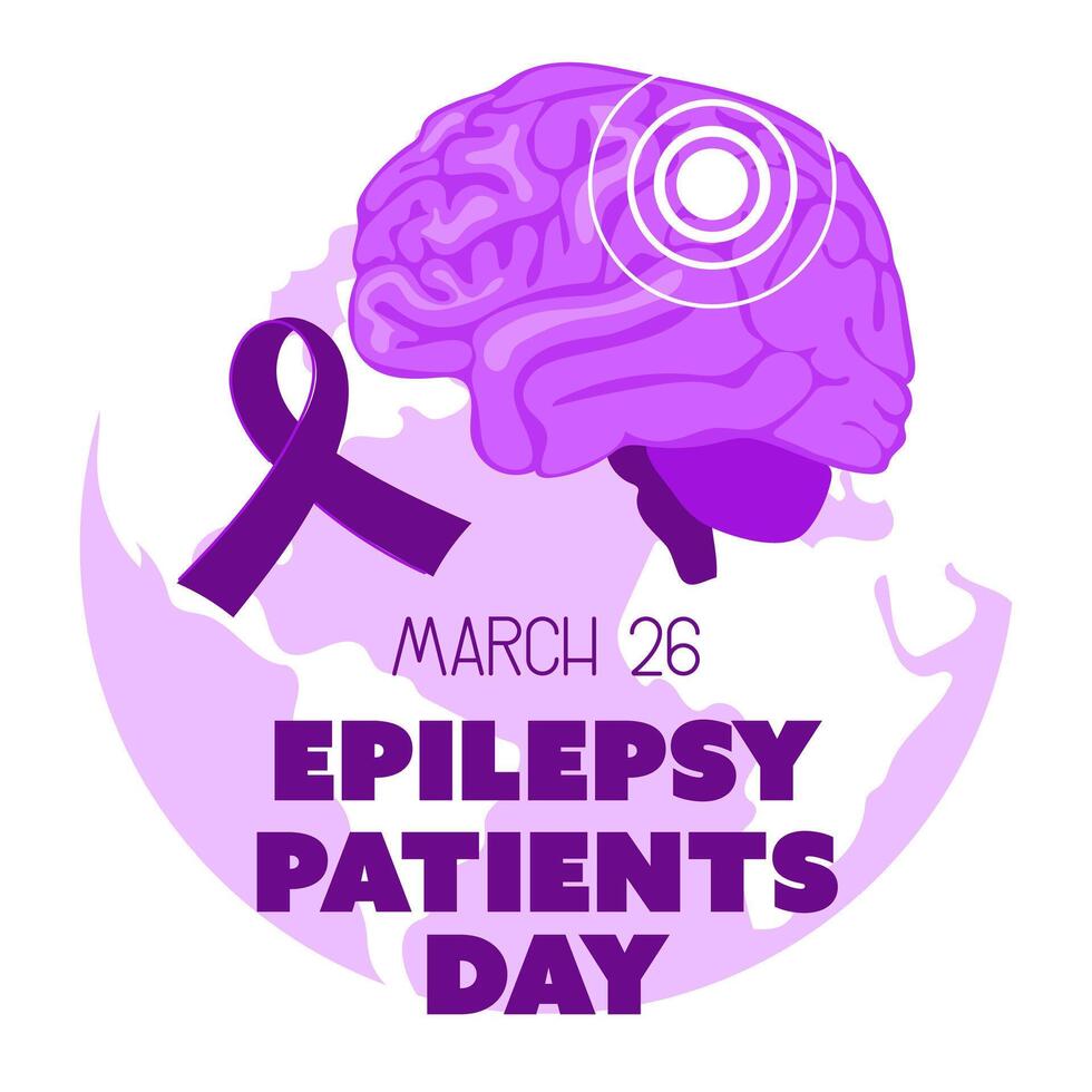 International Epilepsy Day banner for March 26. The brain is naturally flat in purple colors against the background of the earth with a ribbon on white. Brain problems, illness. Square vector