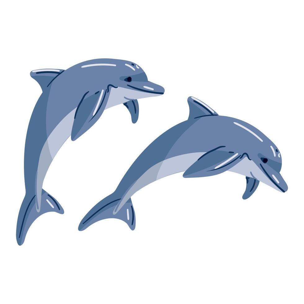 Flat two blue dolphins in a jump. Cute dolphins jumping on a white. An oceanic aquatic animal is a dolphin. flat or cartoon illustration isolated on white. Cute illustration of a marine animal vector