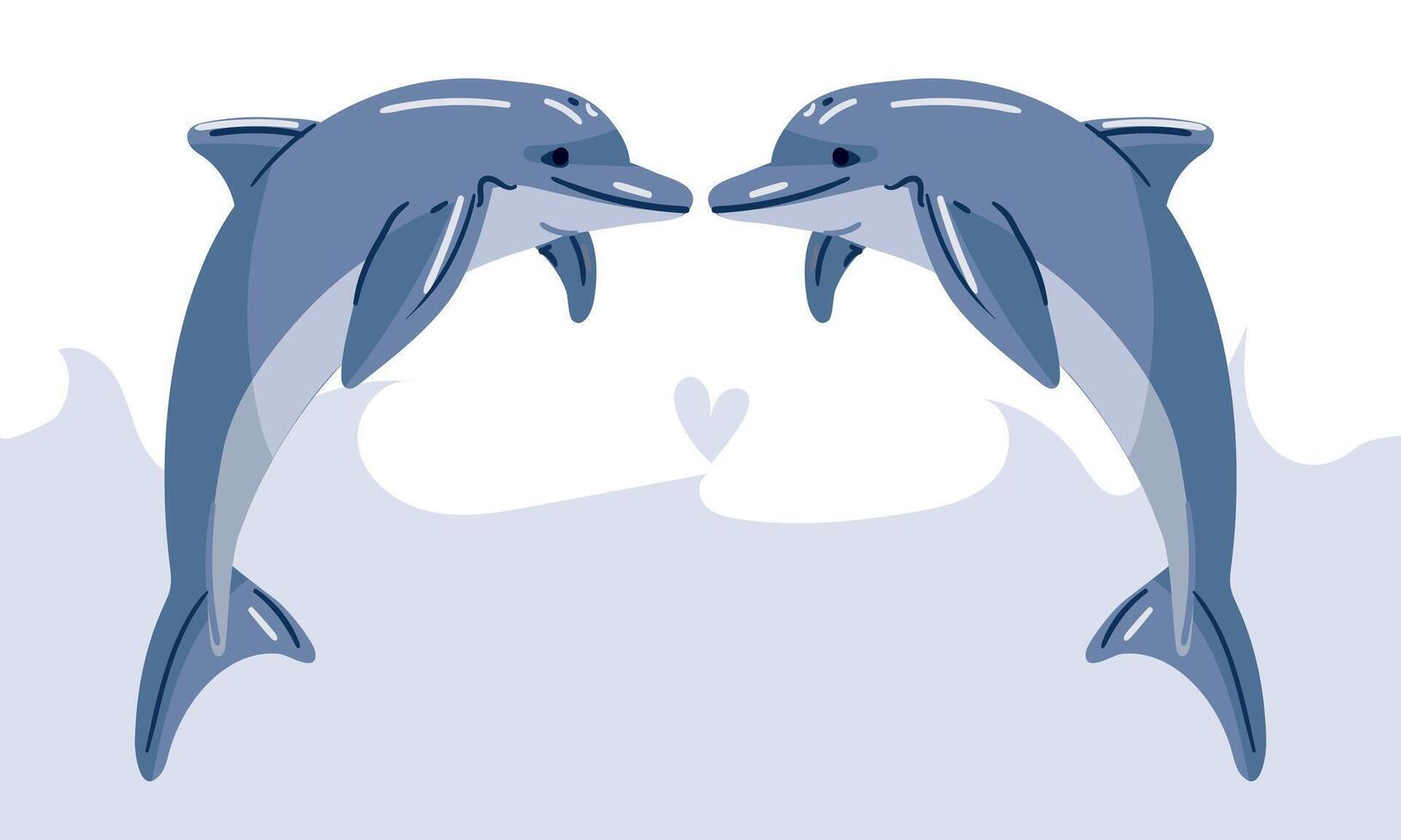 Flat two blue dolphins in a jump. Cute dolphins jump on against each other. An oceanic aquatic animal is a dolphin. flat cartoon illustration with a heart made of water. Animals in love vector