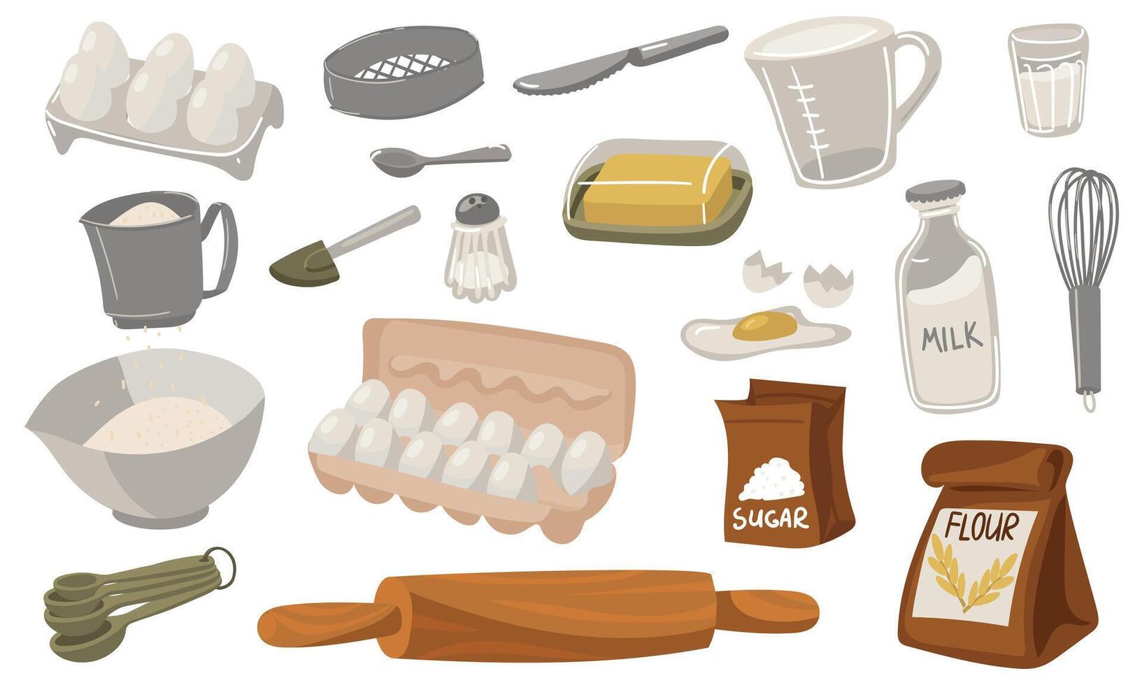 Set of necessary ingredients and baking tools. Paper bag with flour, bag of sugar, piece of butter, measuring cup, chicken eggs, salt shaker, whisk, bag of milk, wooden rolling pin and more. vector