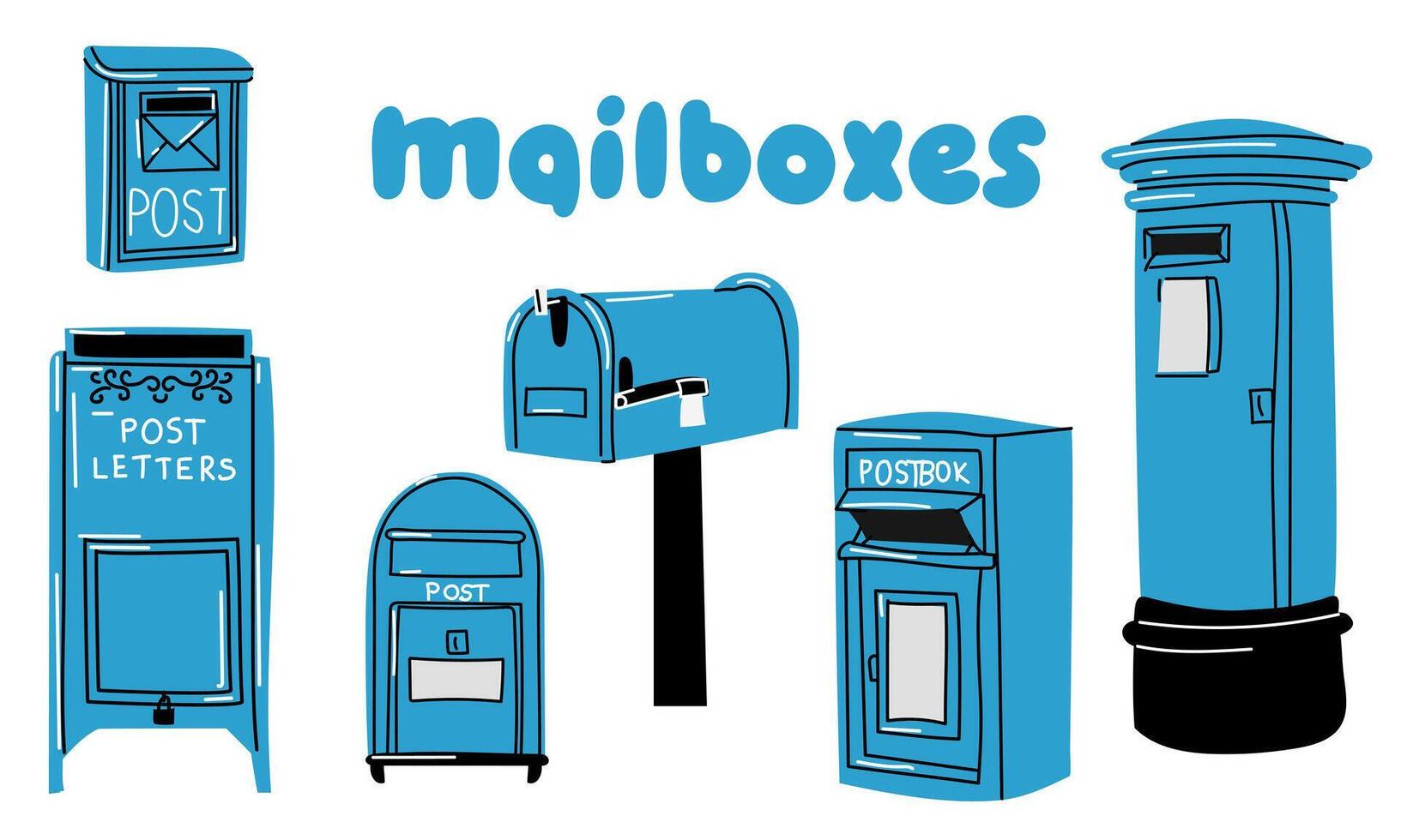 Mailboxes, set of mailboxes for blue letters with name. Various mailboxes. Modern hand drawn illustration. Individual design elements. Delivery, message, message storage, communication concept vector