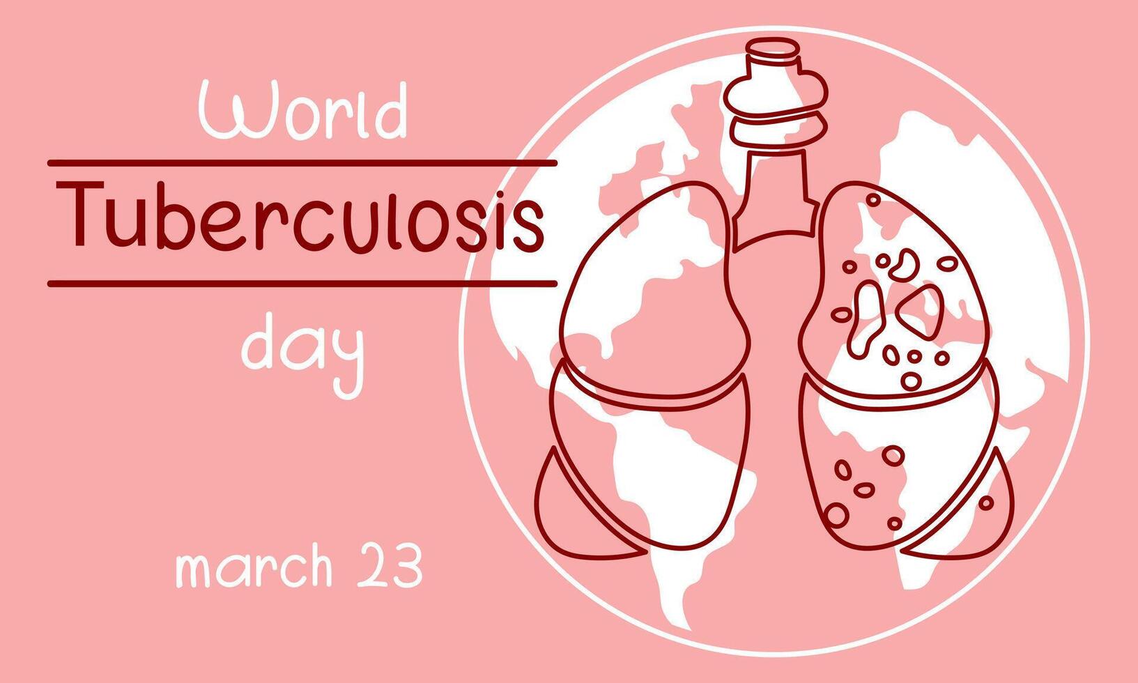 World Tuberculosis Day. March 24 information banner of the fight against tuberculosis with a silhouette map of the world, a view of the affected red contour lungs. Banner horizontal pink World TB day vector