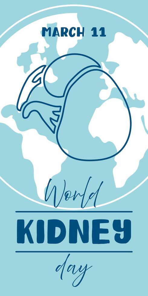 World Kidney Day banner, March 11, is used for design of postcards with a minimalist and modern concept, cover, background, kidneys, internal organs, international. Outline vertical on blue vector