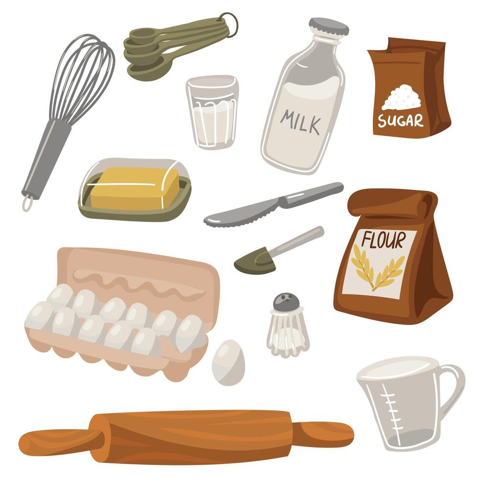 Set of necessary ingredients and baking tools. Set includes a paper bag with flour, bag of sugar, piece of butter, measuring cup, chicken eggs, salt shaker, whisk, bag of milk and wooden rolling pin. vector