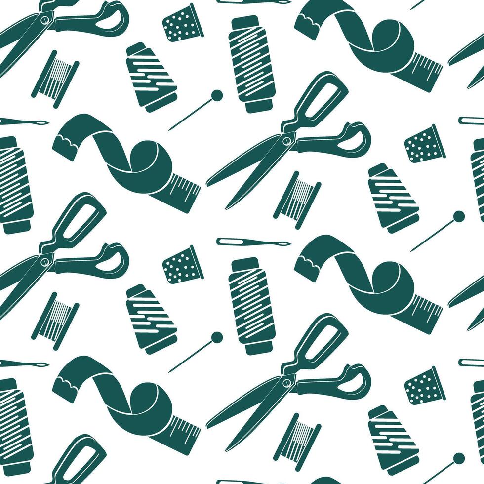 Pattern of sewing products. Seamless texture on the sewing theme. Blue flat scattered objects are threads, needles, clips, scissors, measuring tape, a skein of thread, a thimble. Elements on a white vector