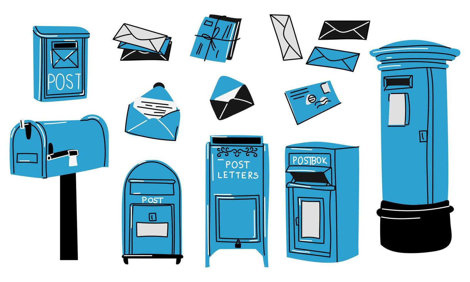 Mailboxes, set of mailboxes for blue letters. Various mailboxes, an envelope with mail, a postcard. Modern hand-drawn illustration. Individual design elements. Delivery, message, communication vector