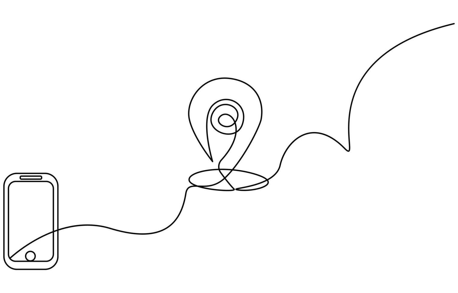 Continuous one line drawing of path and Location pointers. Simple pins on way between two points in thin Linear style vector