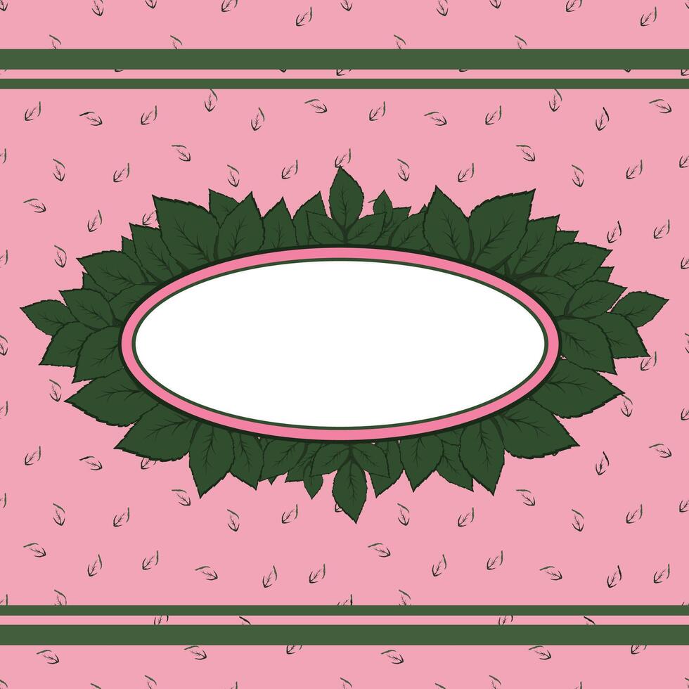 oval frame with green leaves on a pink pattern background with an outline of small leaves vector