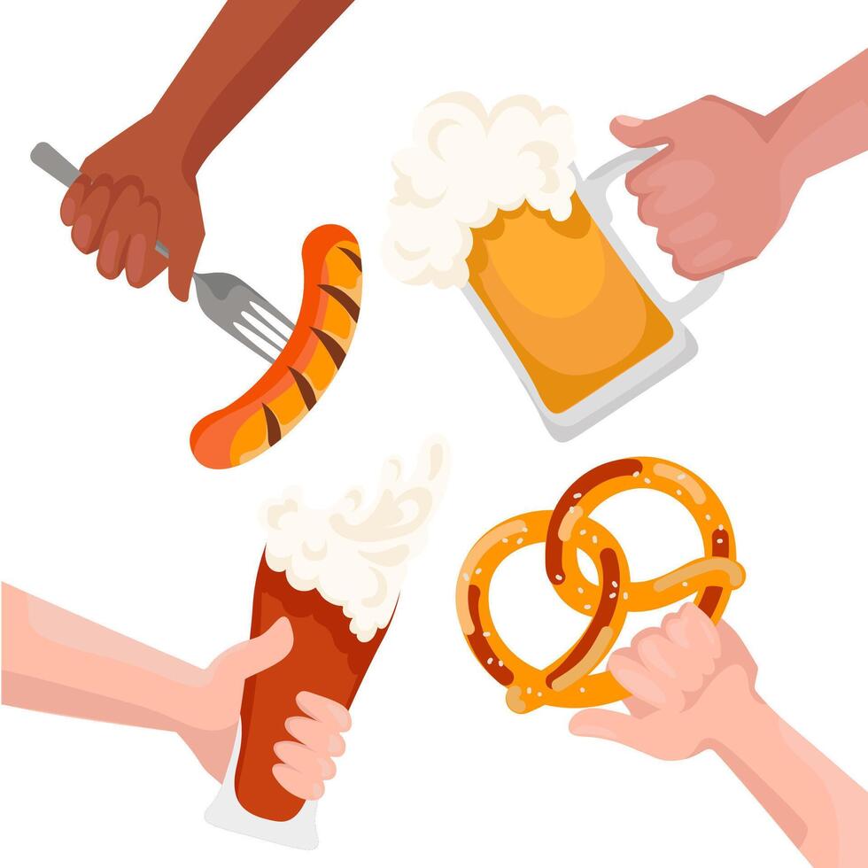 Hands holding Beer Mug,pint, glass and snacks. German sausages with pretzels in hands, design elements for the Beer Festival. October Fest Clipart Elements on a white background. illustration vector