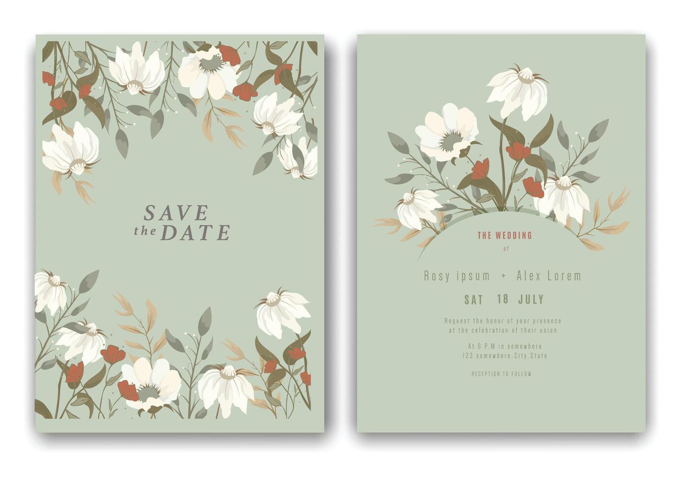 wedding invitation card background . Elegant hand drawn flower and line art with elegant garden anemone template Design illustration for wedding and template, banner. vector