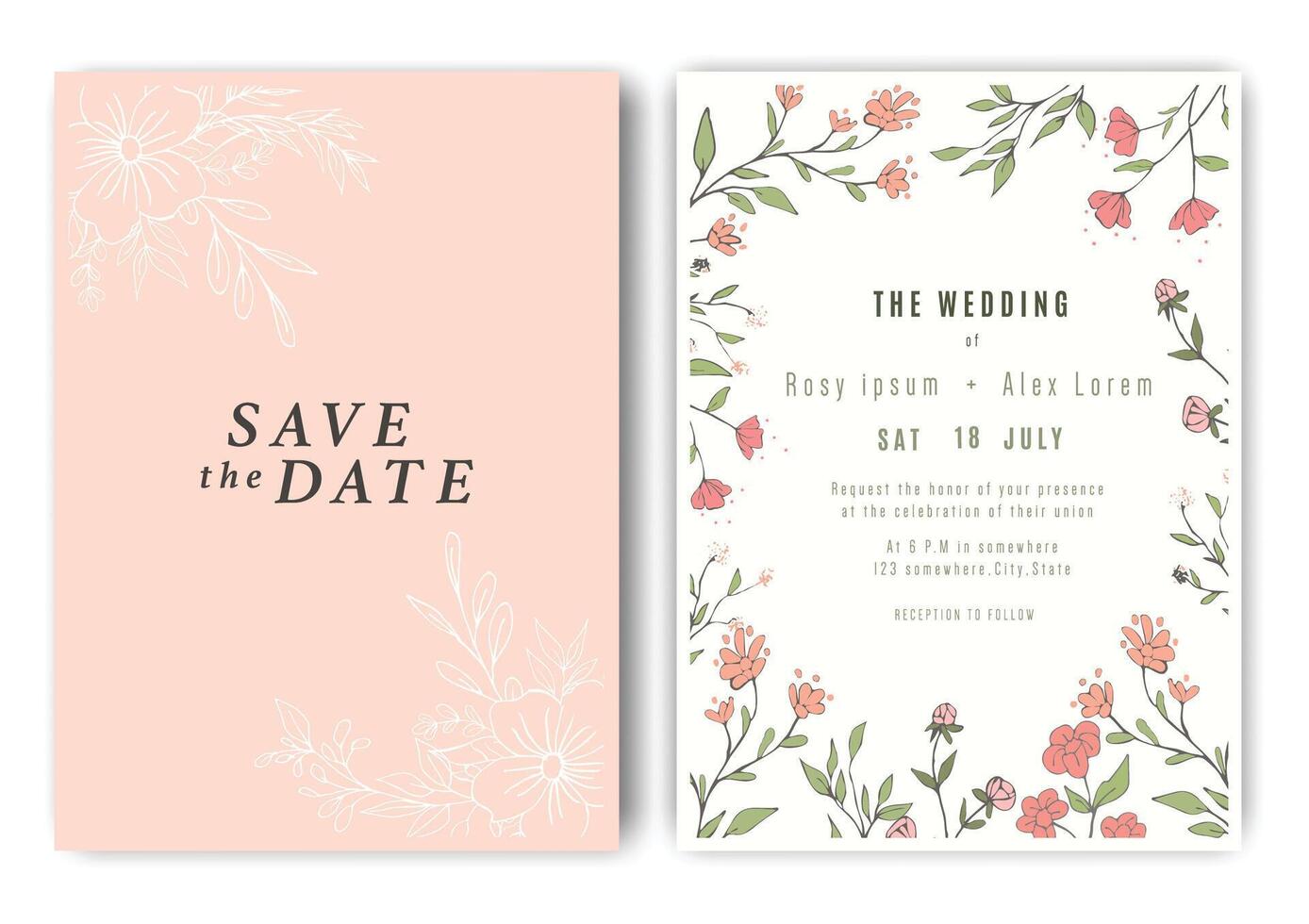 wedding invitation card background . Elegant hand drawn flower and line art with elegant garden anemone template Design illustration for wedding and template, banner. vector