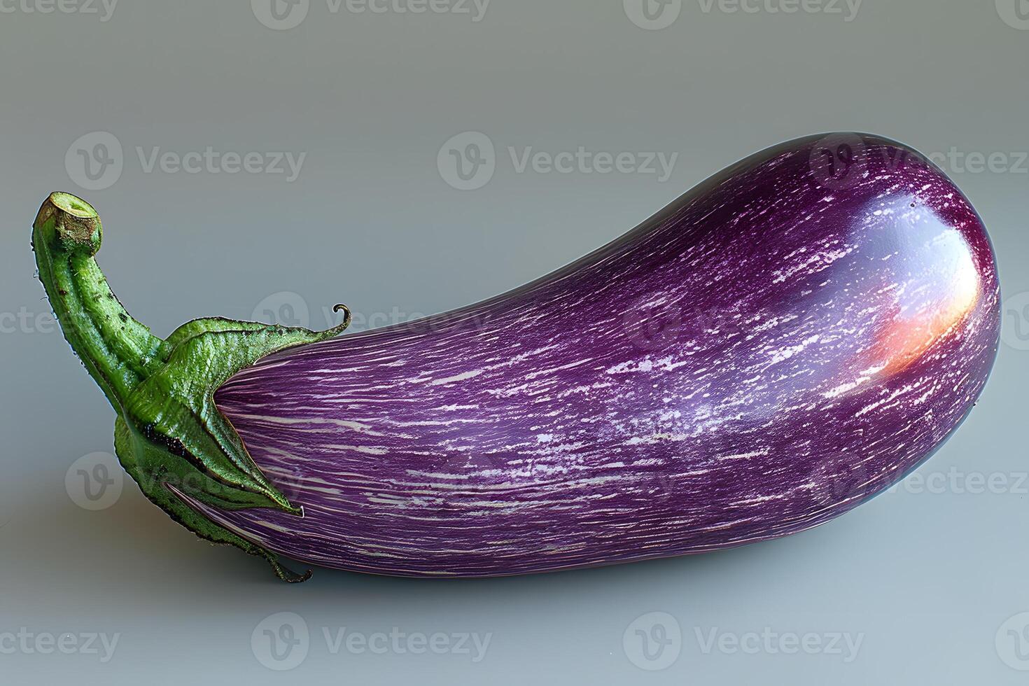 Fresh Purple Eggplant with Green Stem on Neutral Background for Culinary and Print Design photo