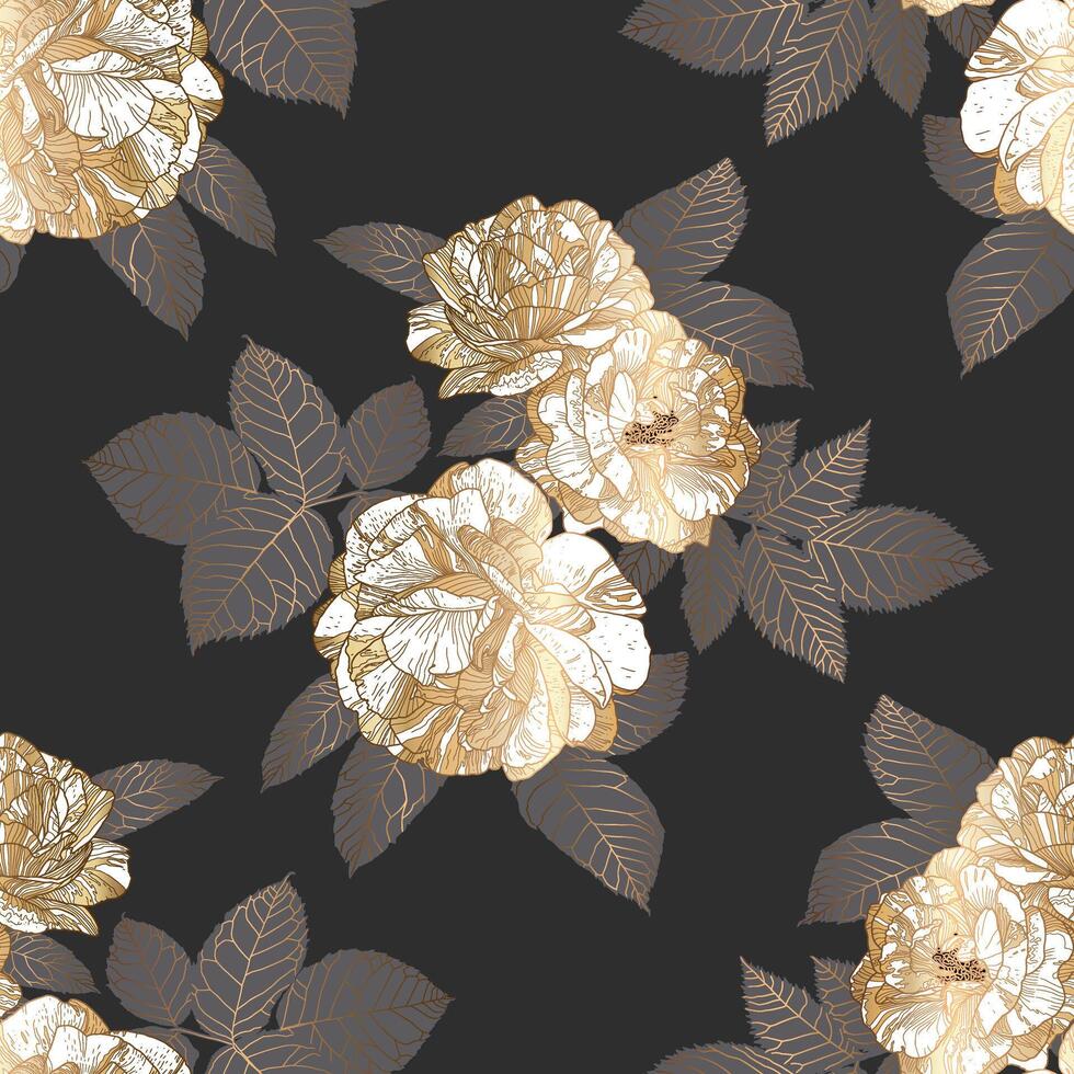 Seamless Luxury Half Drop Pattern with White and Gold Roses and Grey Leaves on Black. Great for Textiles, Surfaces, Wallpapers, Wrapping Papers, Fabrics, Prints. vector